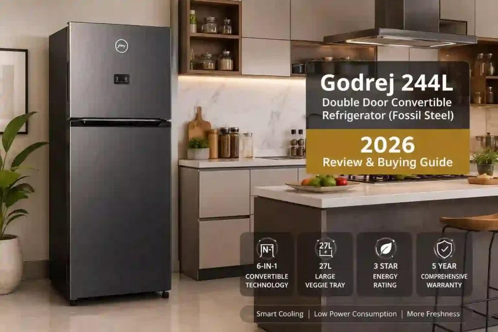 Godrej 244L 3 Star Convertible Double Door Refrigerator in a modern modular kitchen with 2026 review buying guide overlay