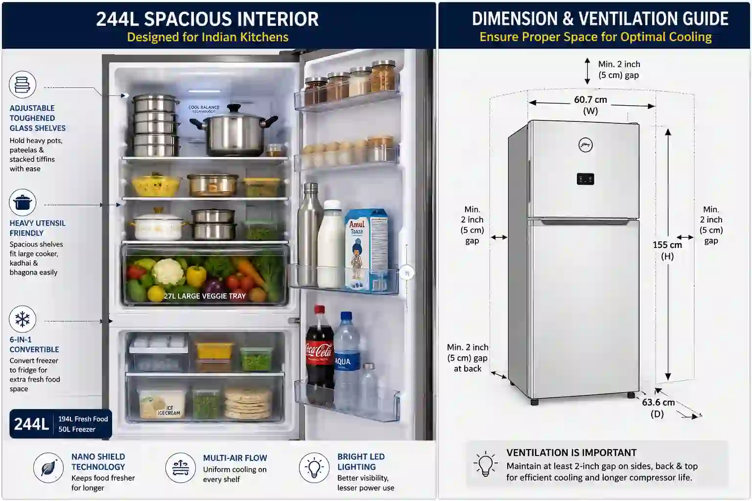 Godrej 244L refrigerator interior storage layout with large vegetable tray and kitchen ventilation dimensions guide