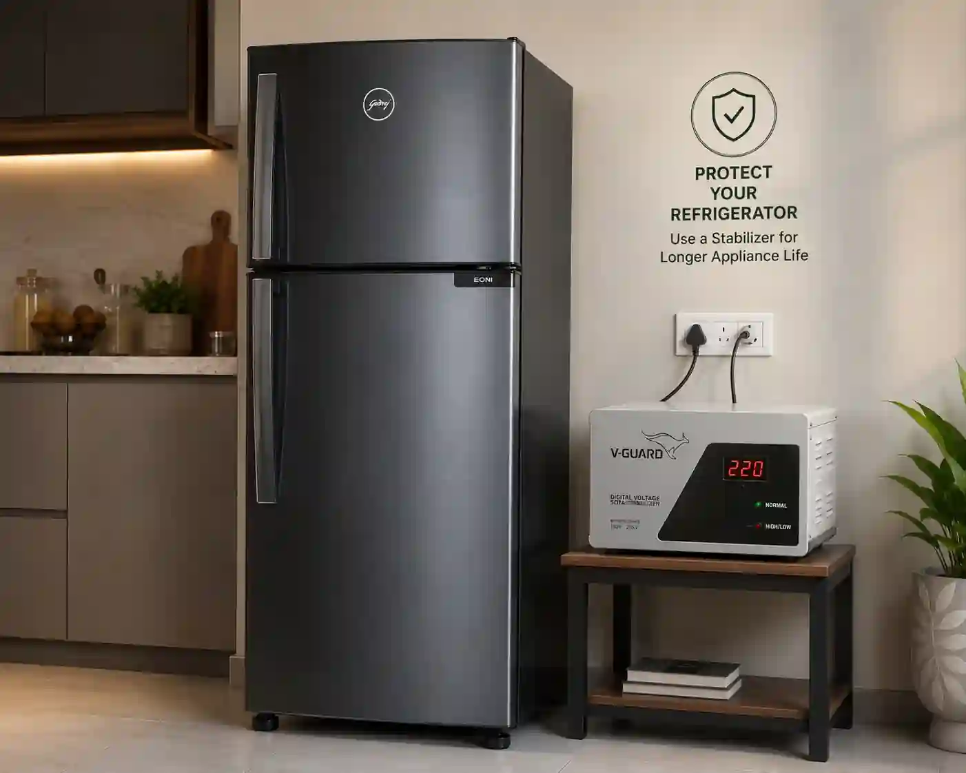 Godrej 223L refrigerator with digital voltage stabilizer for home appliance protection