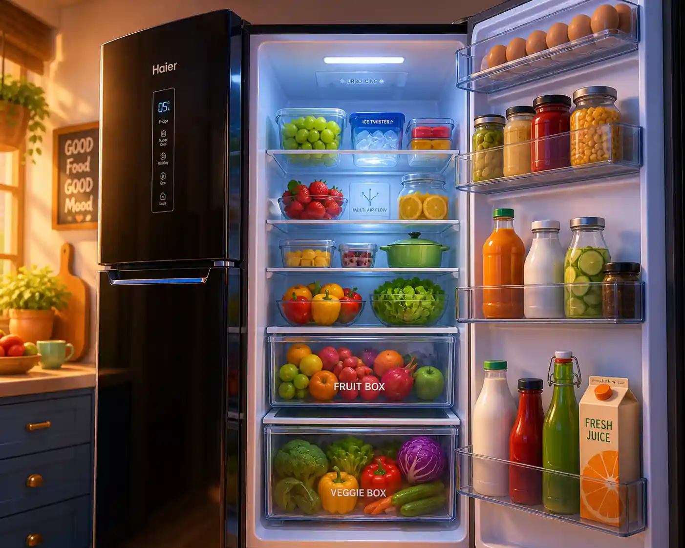 Open Haier 268L premium black glass refrigerator showing organized fruit box, veggie box, glass shelves, and turbo icing compartment
