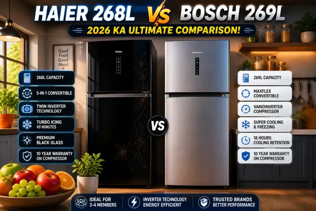 Haier 268L black glass refrigerator vs Bosch 269L silver double door refrigerator side-by-side comparison in modern kitchen