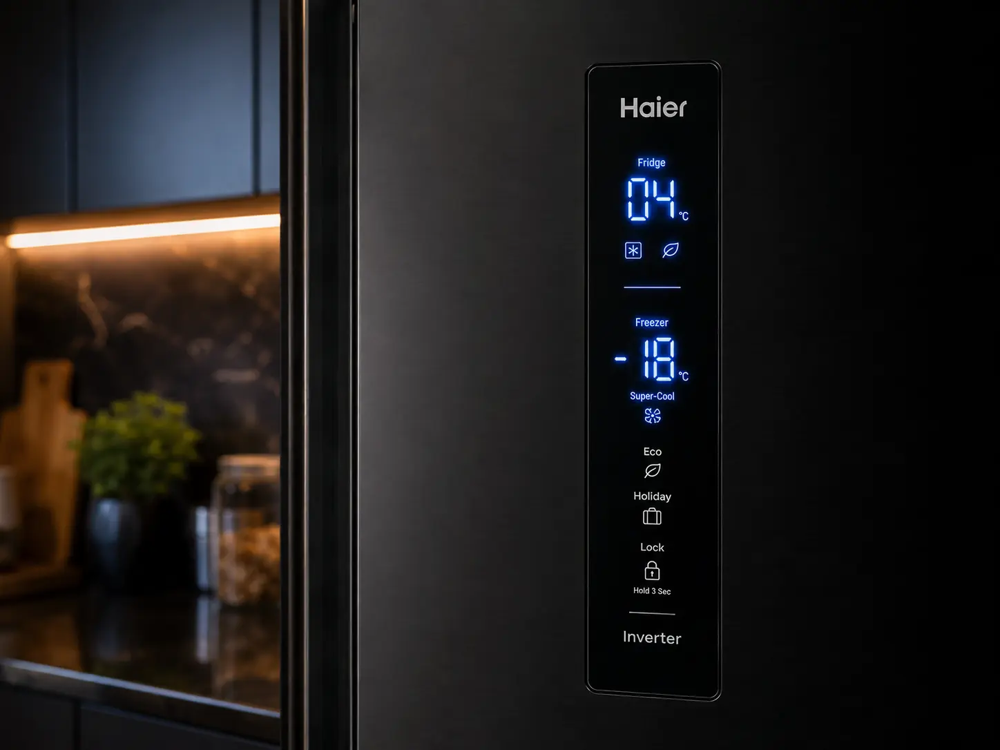 Close-up of Haier refrigerator external digital display panel with blue LED controls on sleek black glass door.