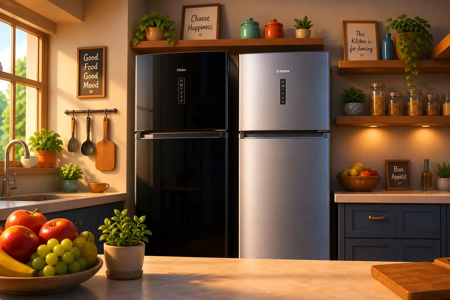 Haier black glass and Bosch silver double door refrigerators placed side by side in a stylish modern kitchen with fruits and warm lighting