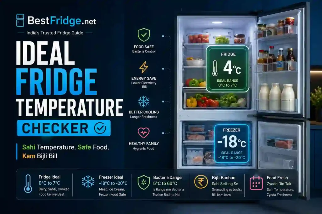 Ideal fridge and freezer temperature checker infographic by BestFridge.net showing safe refrigerator cooling settings for food freshness and electricity savings.