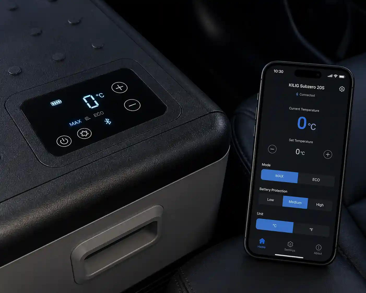 KILIG Subzero 20S digital display showing 0°C with smartphone Bluetooth temperature control app.