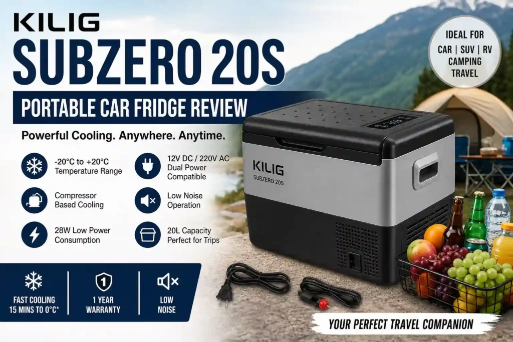 KILIG Subzero 20S portable car fridge review banner with product features for camping, SUV, RV, and travel use.