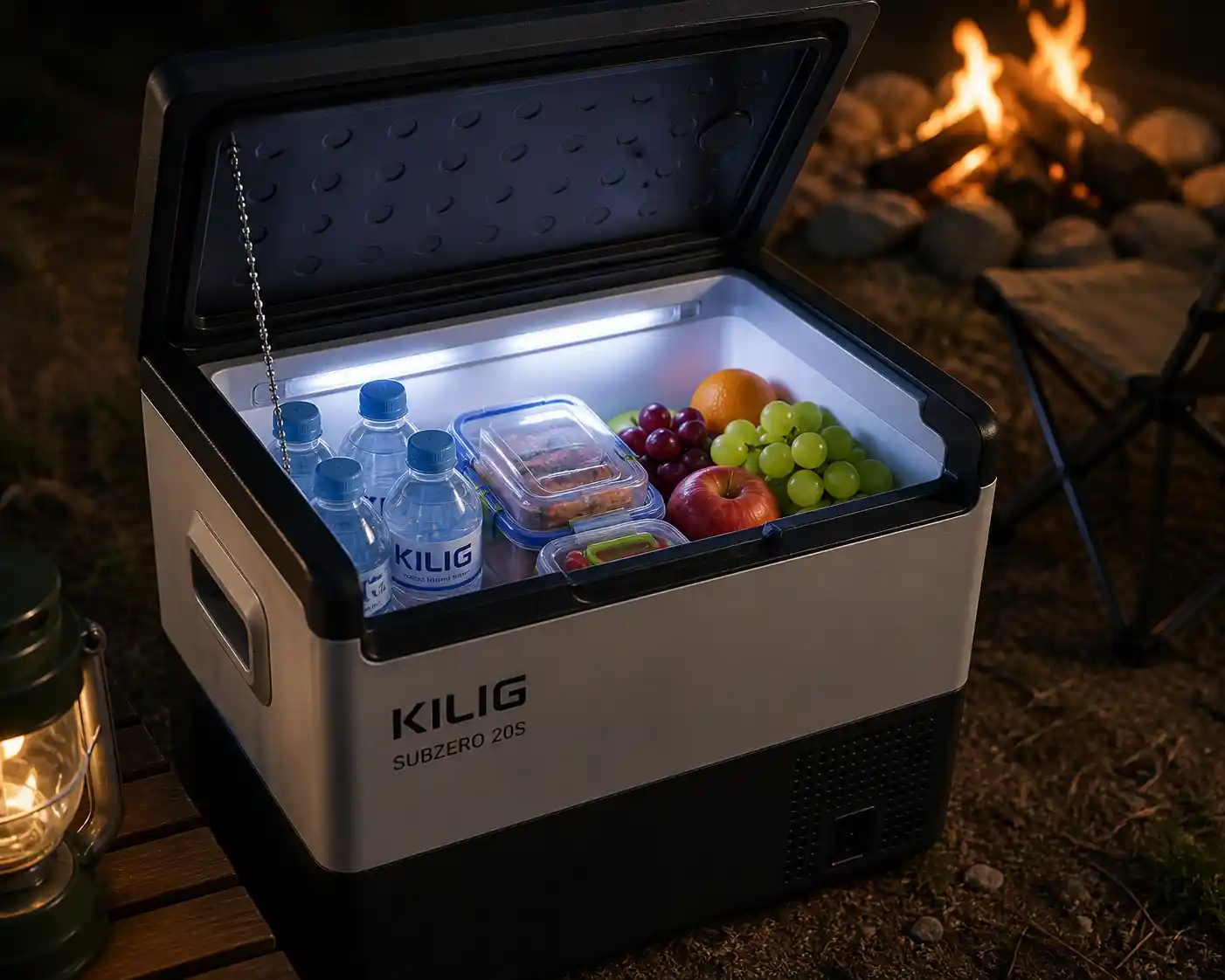 KILIG Subzero 20S open portable fridge showing organized food, fruits, and drinks during camping.