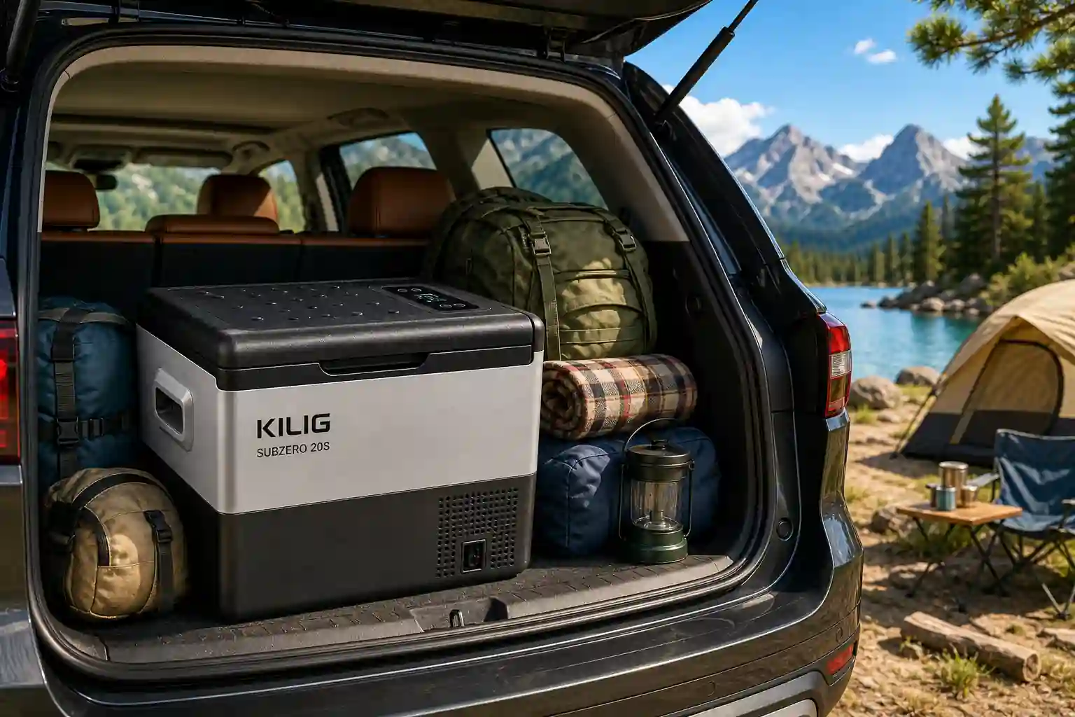 KILIG Subzero 20S portable fridge inside SUV trunk during camping trip with outdoor gear.