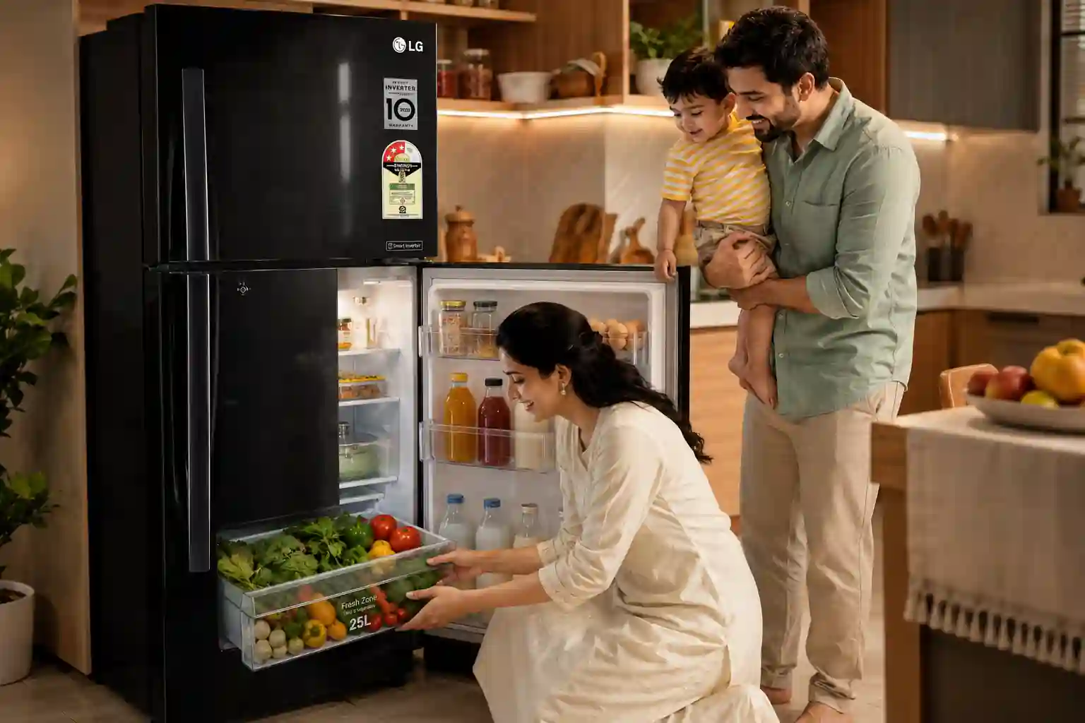 Indian family using LG 276L double door refrigerator with large vegetable drawer in modern kitchen.