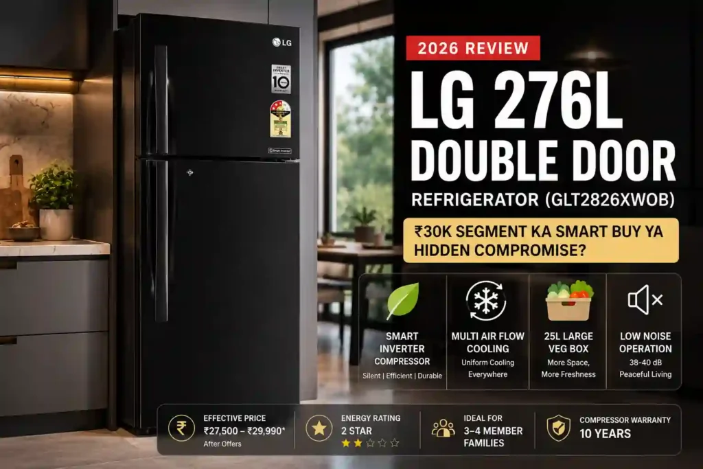 LG 276L Double Door Refrigerator review 2026 featured image with price, smart inverter compressor, multi air flow cooling, and 25L vegetable box.