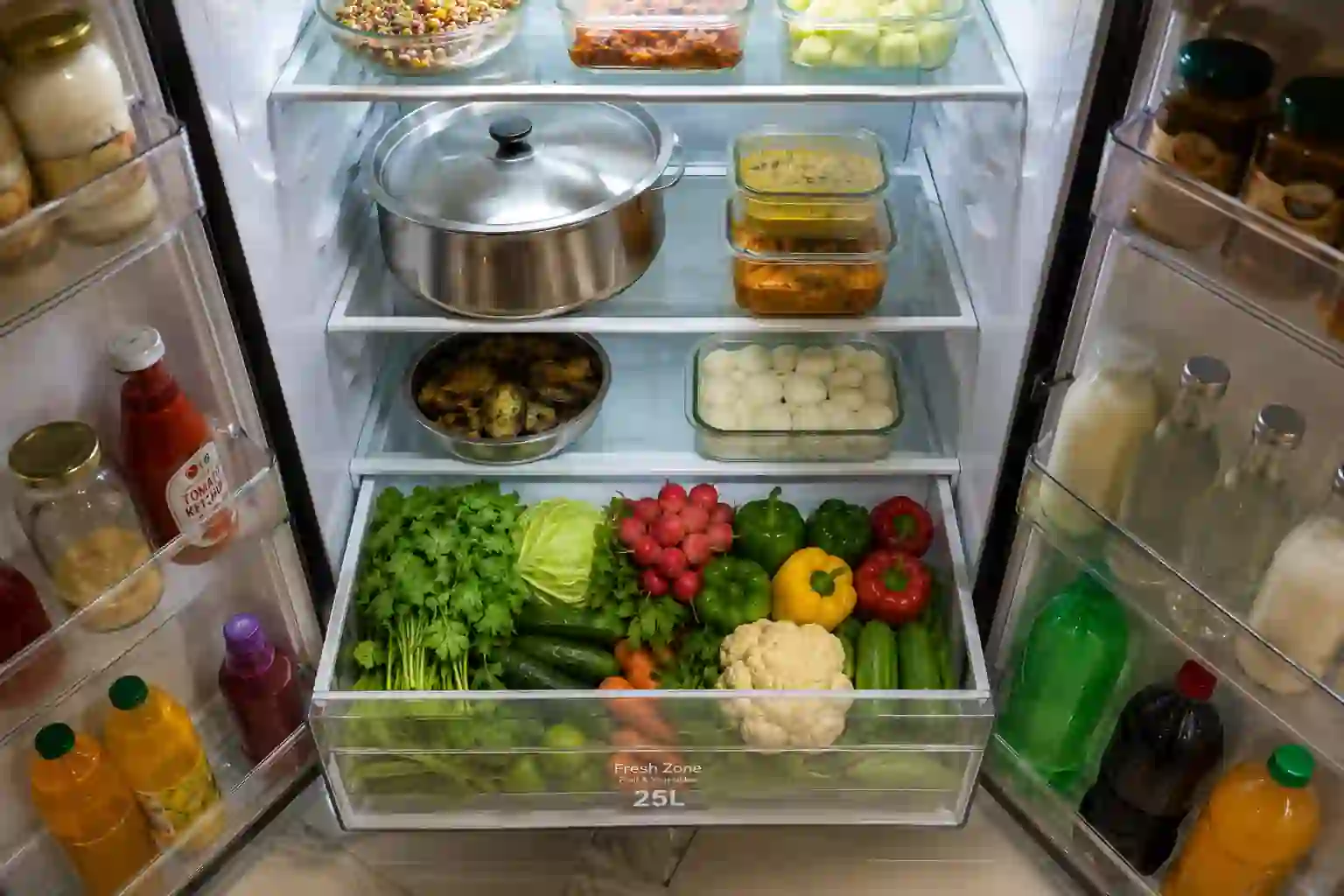 LG 276L refrigerator interior with large vegetable drawer, Indian utensils, and organized food storage