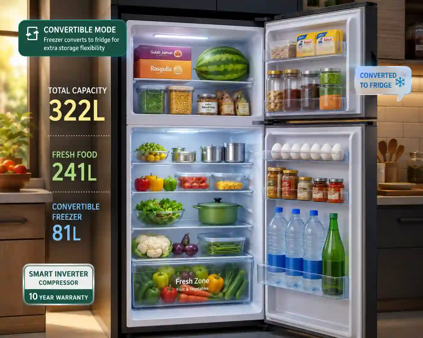 LG 322L refrigerator interior showing convertible freezer, fresh vegetables, water bottles, and organized food storage
