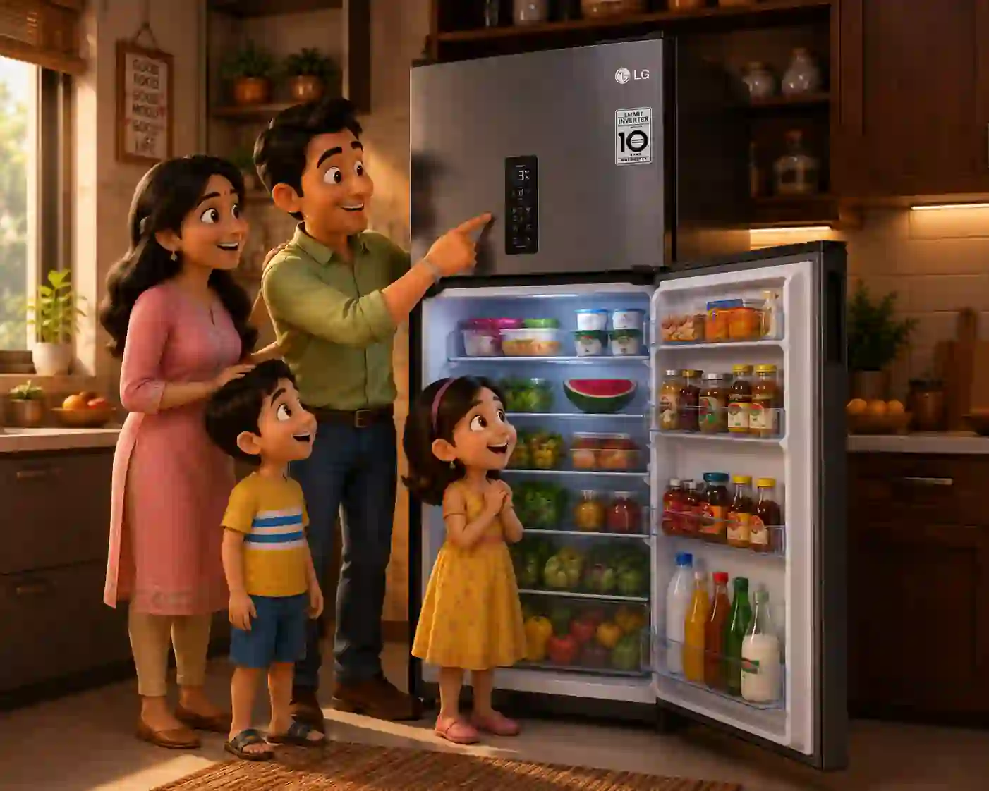 Happy Indian family standing around LG 322L convertible refrigerator in kitchen showcasing smart family purchase