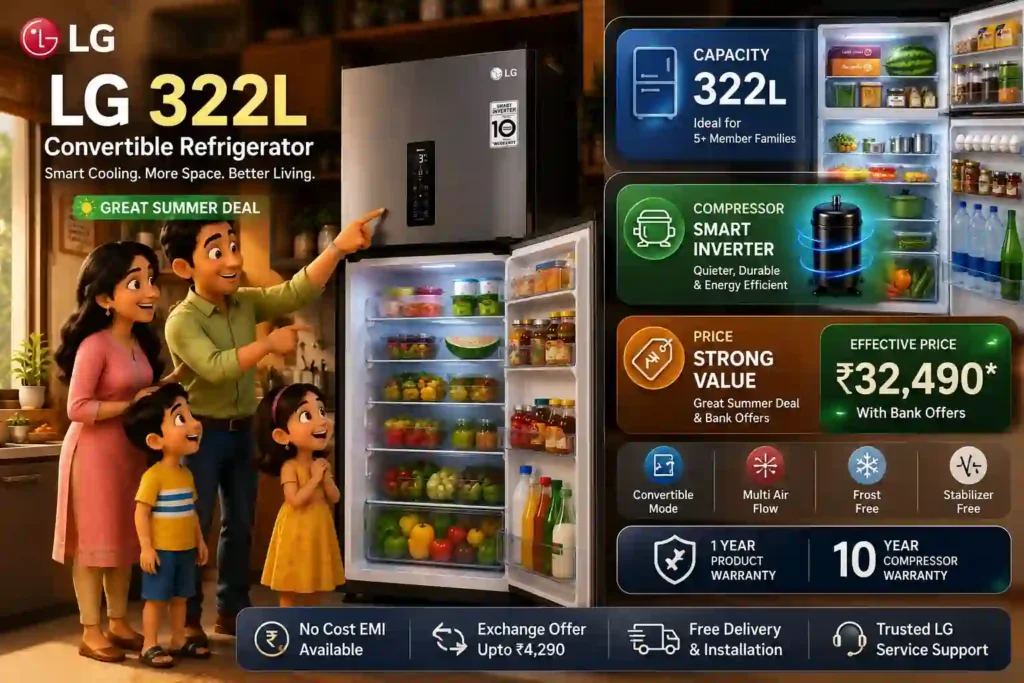 LG 322L convertible refrigerator featured promotional image showing family, product specs, smart inverter features, and summer deal pricing