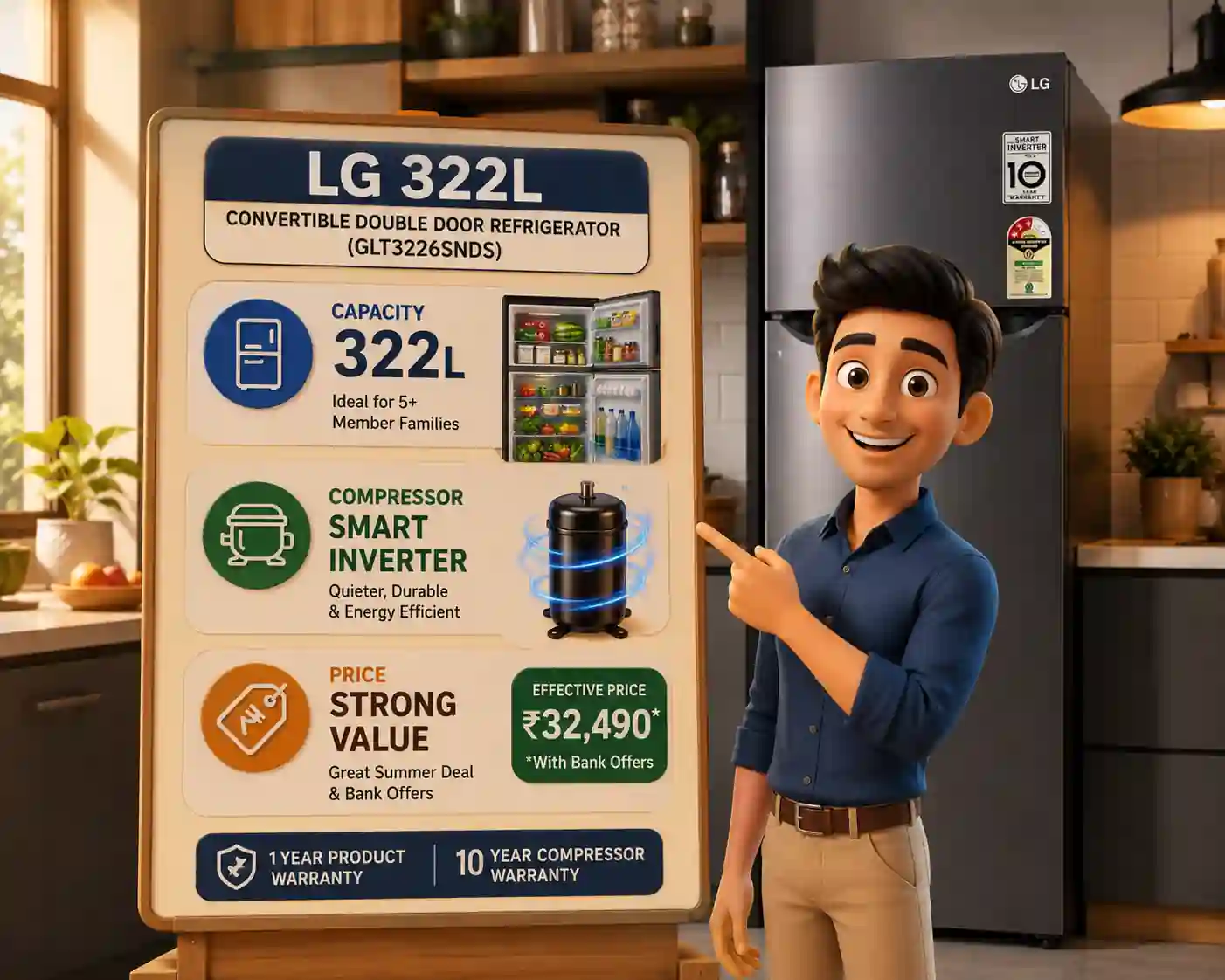 LG 322L refrigerator infographic showing capacity, smart inverter compressor, pricing, and key product features