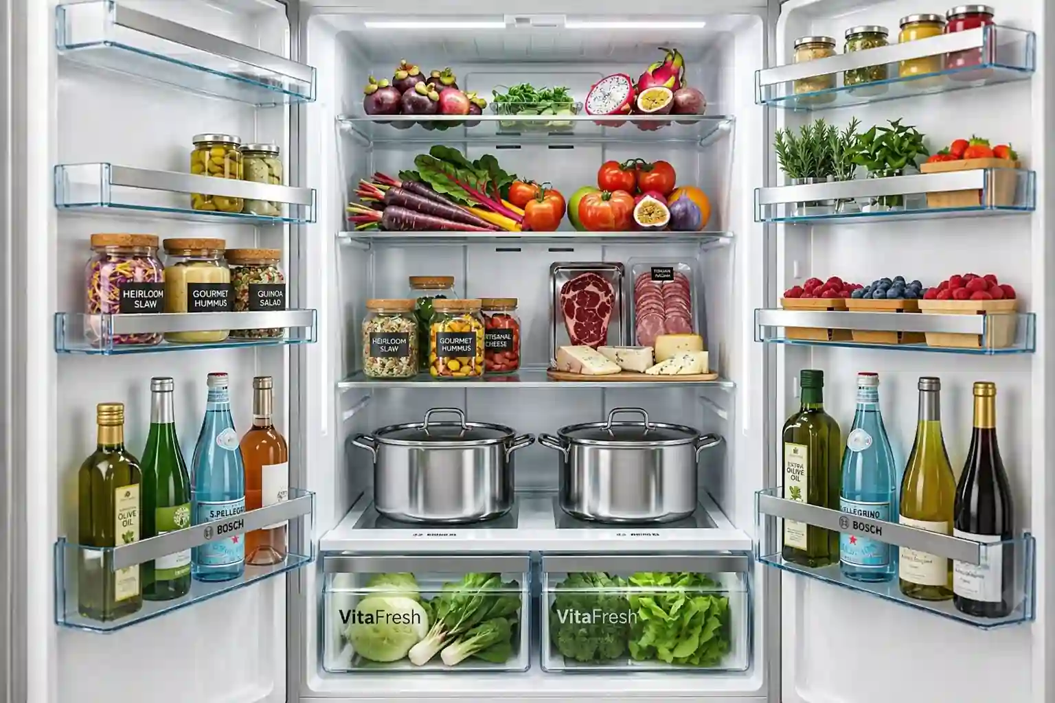 modern refrigerator interior with organized food vegetables bottles and storage compartments