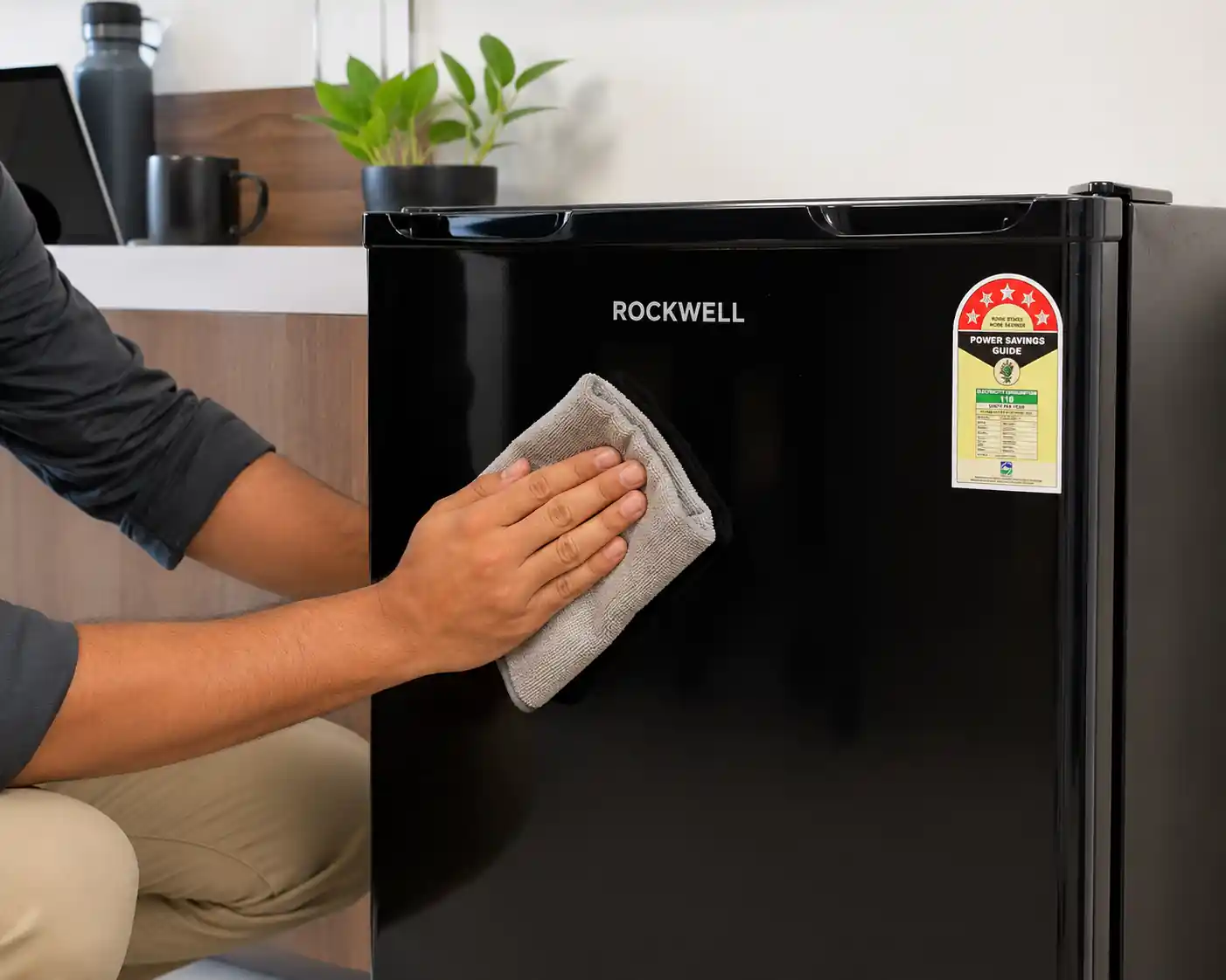 Person cleaning black Rockwell mini fridge door with microfiber cloth in modern kitchen office setup