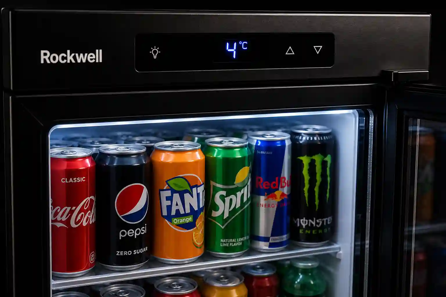 Rockwell mini fridge digital display close-up showing 4 degree cooling and glass door beverage cooler