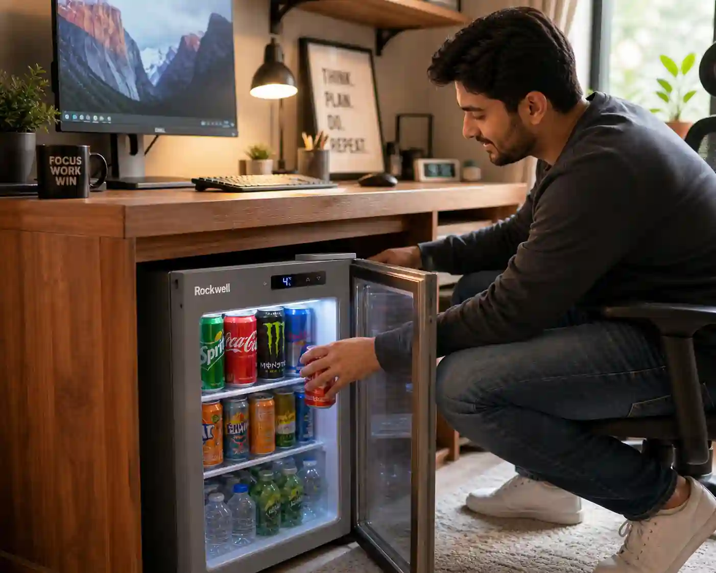 Rockwell mini fridge under desk home office setup with drinks cooling lifestyle image