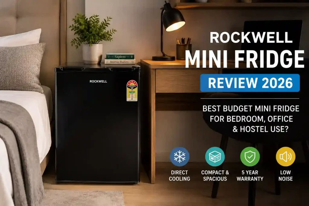 Rockwell mini fridge review featured image showing modern bedroom office setup