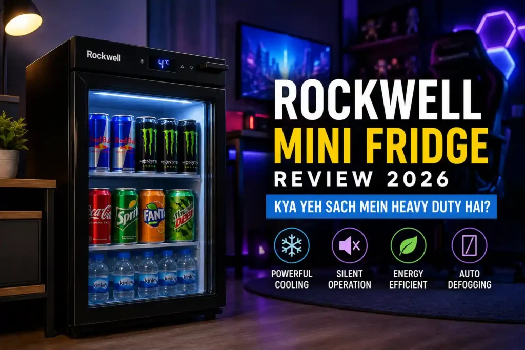 Rockwell mini fridge review 2026 featured image with glass door beverage cooler in neon gaming room setup