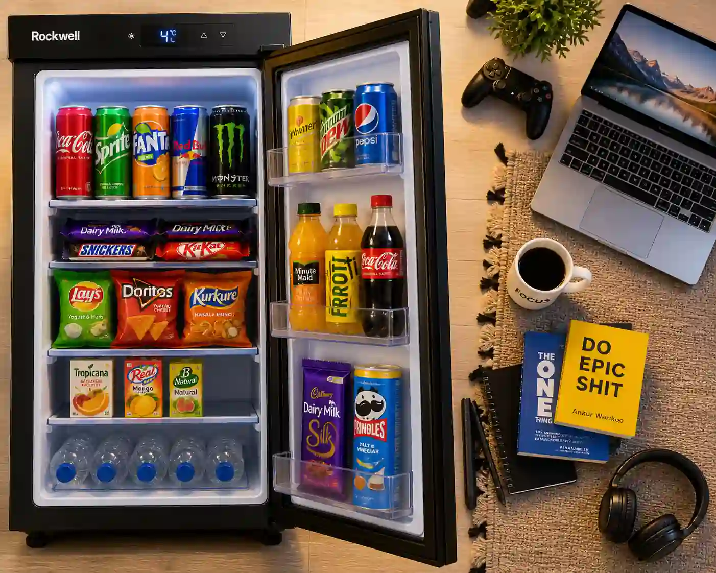 Rockwell mini fridge flat lay showing drinks snacks laptop desk setup and practical storage capacity