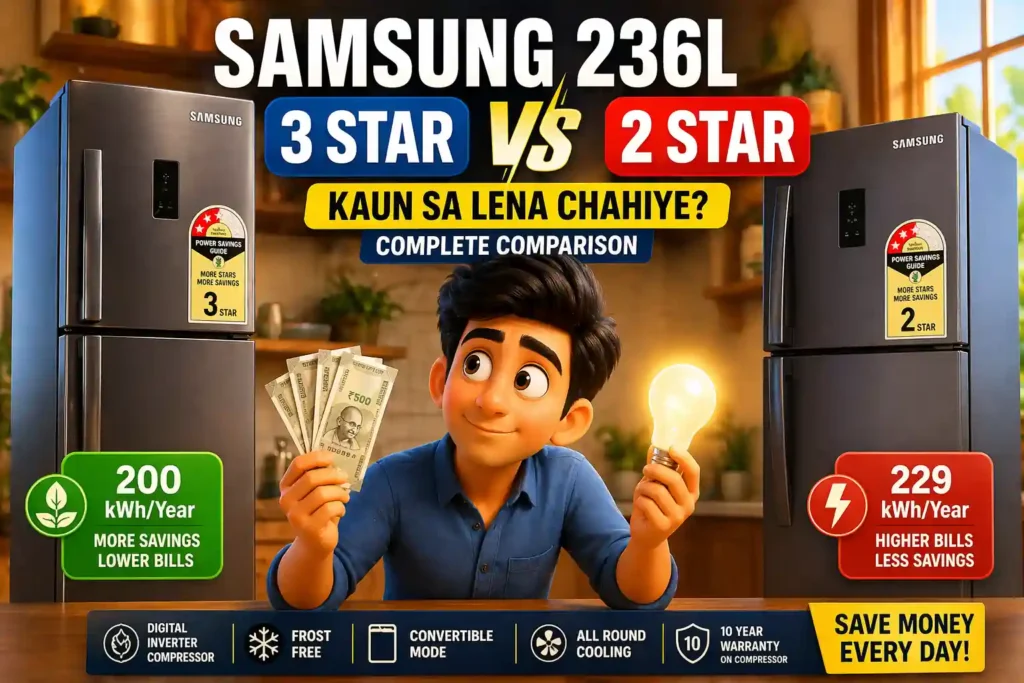 Samsung 236L 3 star vs 2 star fridge comparison 200 vs 229 kWh energy consumption