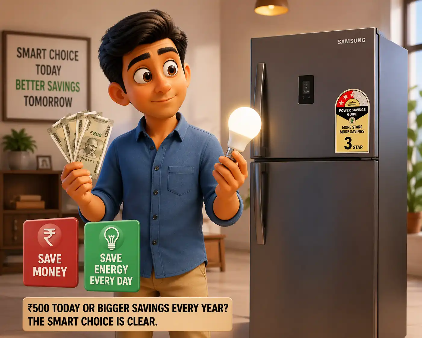 Samsung 236L 3 star vs 2 star fridge comparison showing electricity saving vs upfront cost decision