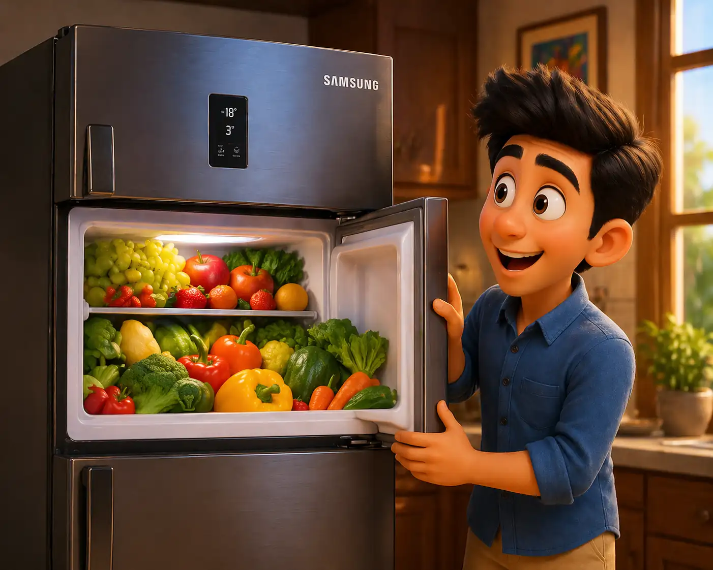 Samsung 236 litre convertible refrigerator freezer filled with fruits and vegetables