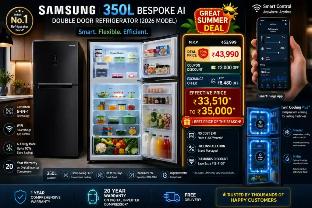 Samsung 350L Bespoke AI refrigerator promotional banner featuring summer deal discounts, smart controls, convertible technology, and Twin Cooling Plus features.