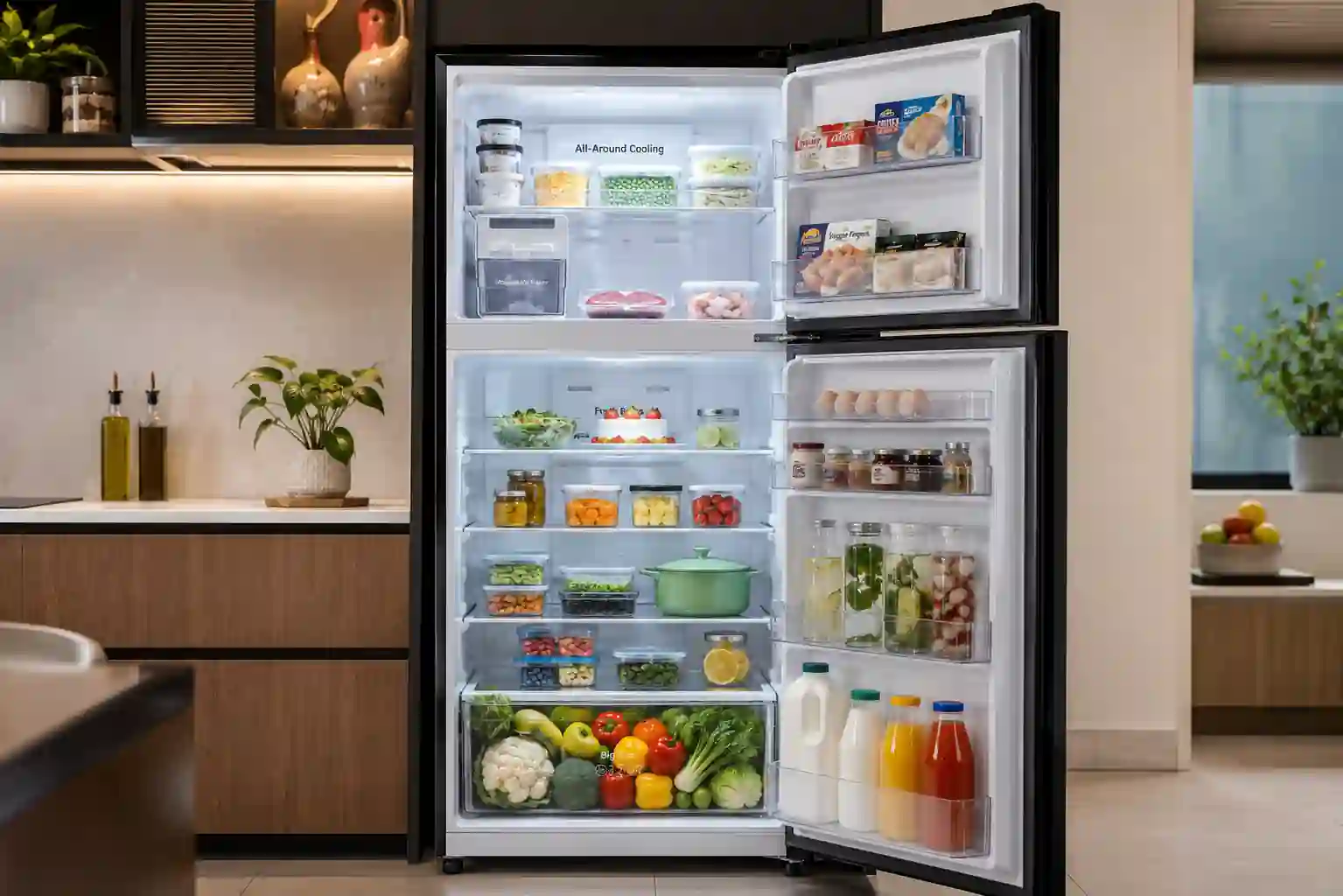 Open Samsung 350L Bespoke AI refrigerator showing organized fresh vegetables, food containers, milk bottles, and spacious cooling compartments.