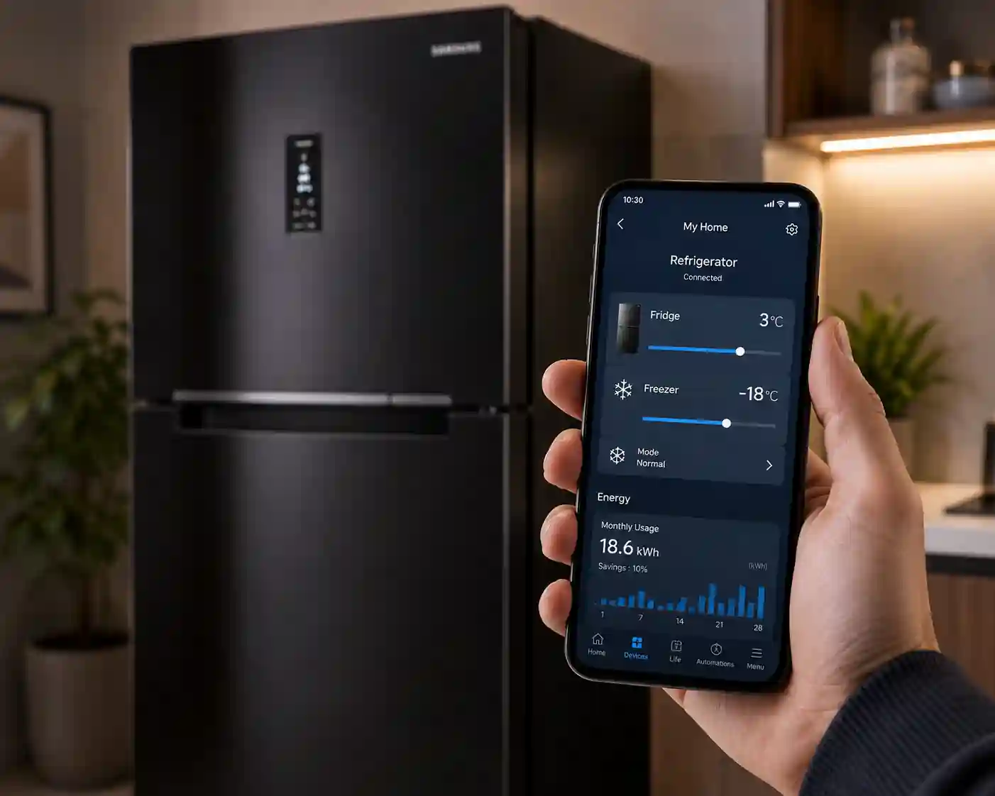 Hand holding smartphone with SmartThings app controlling Samsung 350L Bespoke AI refrigerator temperature and energy usage.