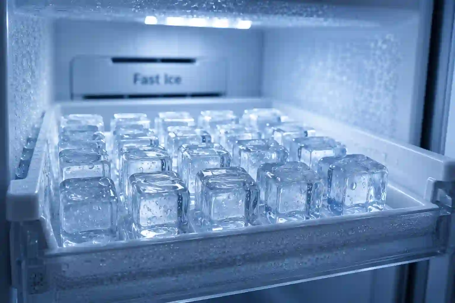 Whirlpool refrigerator freezer tray with clear ice cubes, fast ice cooling technology, extreme chill close-up