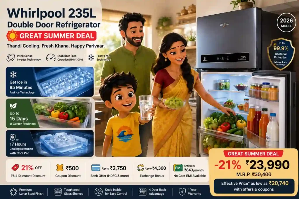 Whirlpool 235L refrigerator great summer deal featured image with family, fast ice, fresh vegetables, and summer discount offers