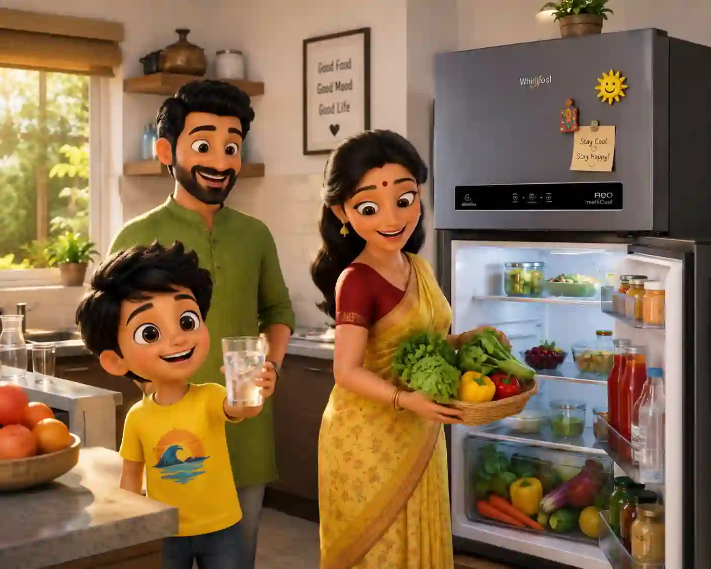Happy Indian family with Whirlpool 235L refrigerator, child holding cold water, mother taking vegetables from fridge in summer kitchen