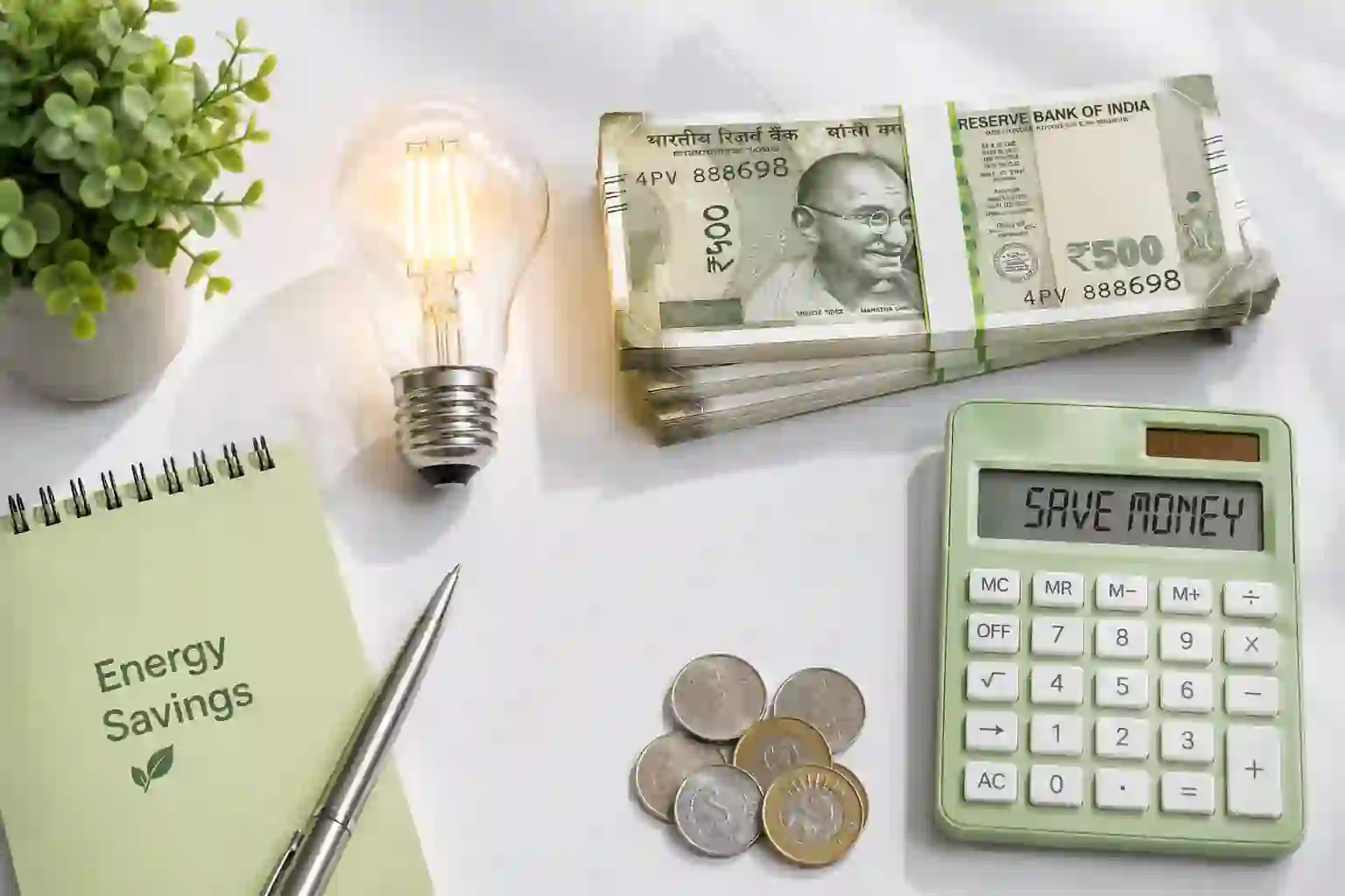 Whirlpool refrigerator electricity savings analysis with calculator, Indian currency notes, and energy-efficient cost breakdown