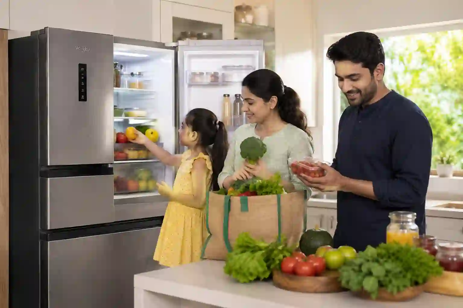 Indian family organizing groceries in Whirlpool 270L triple door refrigerator in modern kitchen