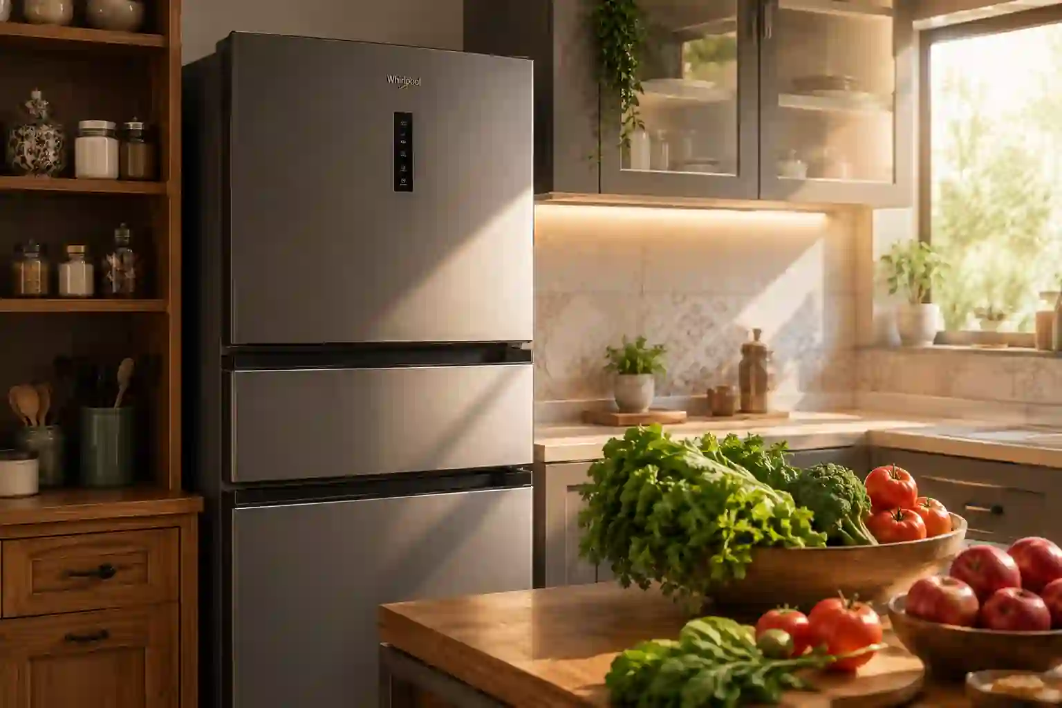 Whirlpool 270L triple door refrigerator in modern Indian kitchen with fresh vegetables and premium lifestyle setup