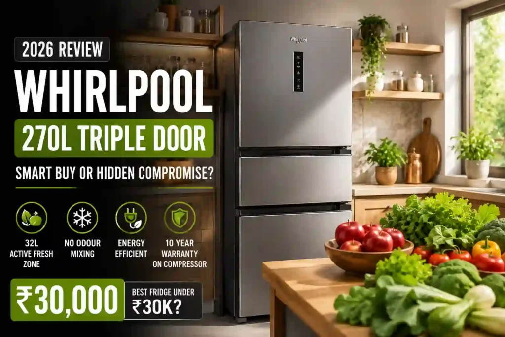 Whirlpool 270L triple door refrigerator review featured image with pricing, Active Fresh Zone, and buyer guide highlights