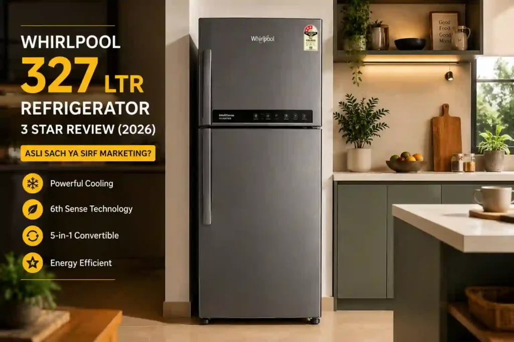 Whirlpool 327 litre 3 star double door refrigerator review featured image in premium modern Indian kitchen with Illusia Steel finish.