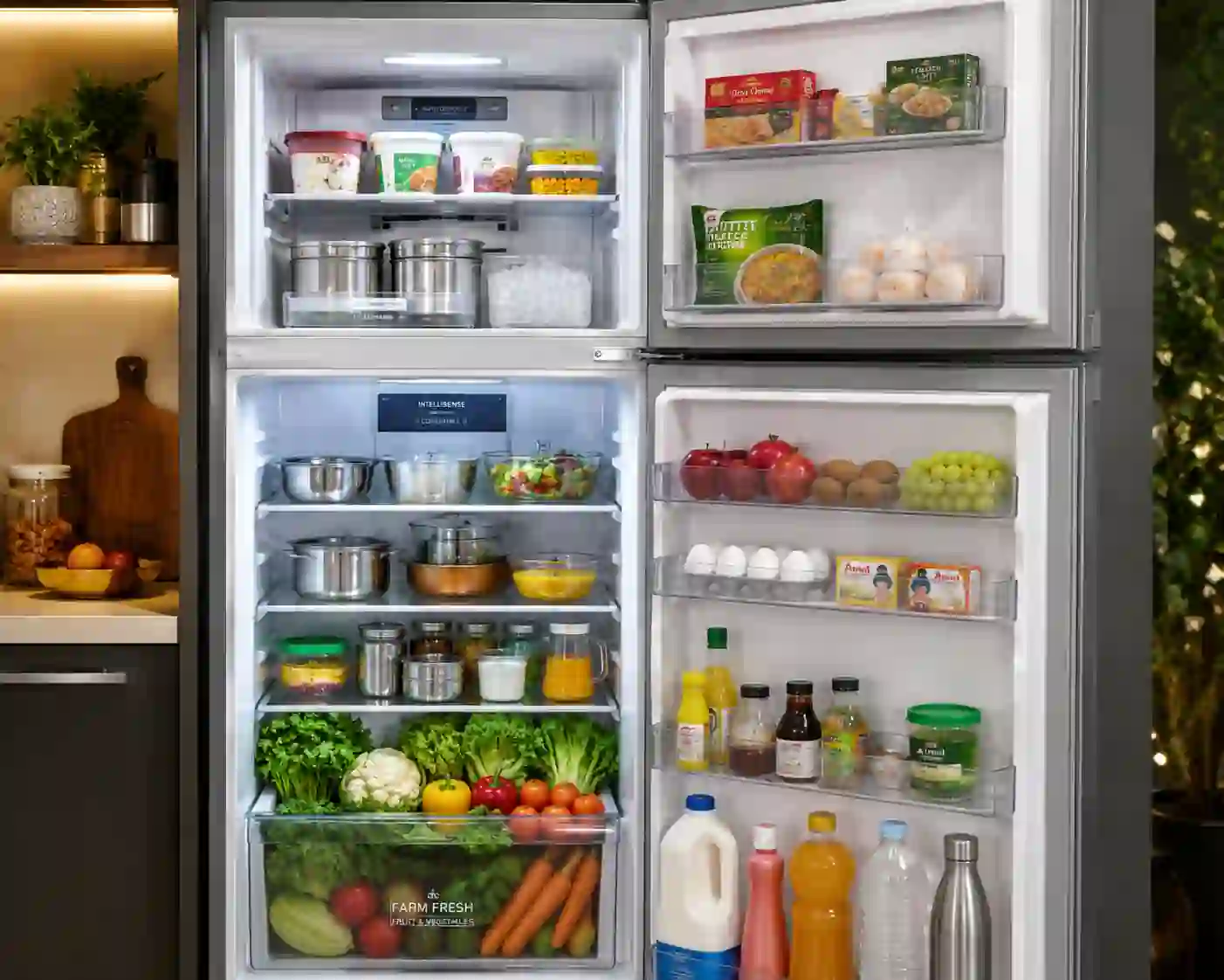 Whirlpool 327 litre refrigerator interior view showing spacious shelves, fresh vegetables, freezer storage, and organized Indian groceries.