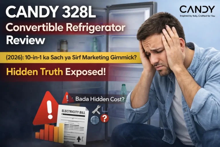 frustrated man sitting near empty fridge highlighting candy 328l refrigerator review hidden truth and high electricity bill concern