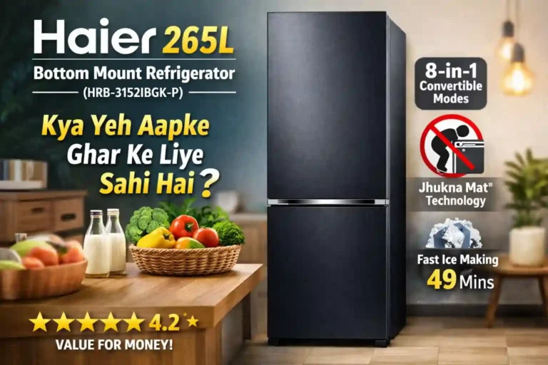 Haier 265L bottom mount refrigerator review image with 8-in-1 convertible modes, fast ice making 49 minutes and Jhukna Mat technology