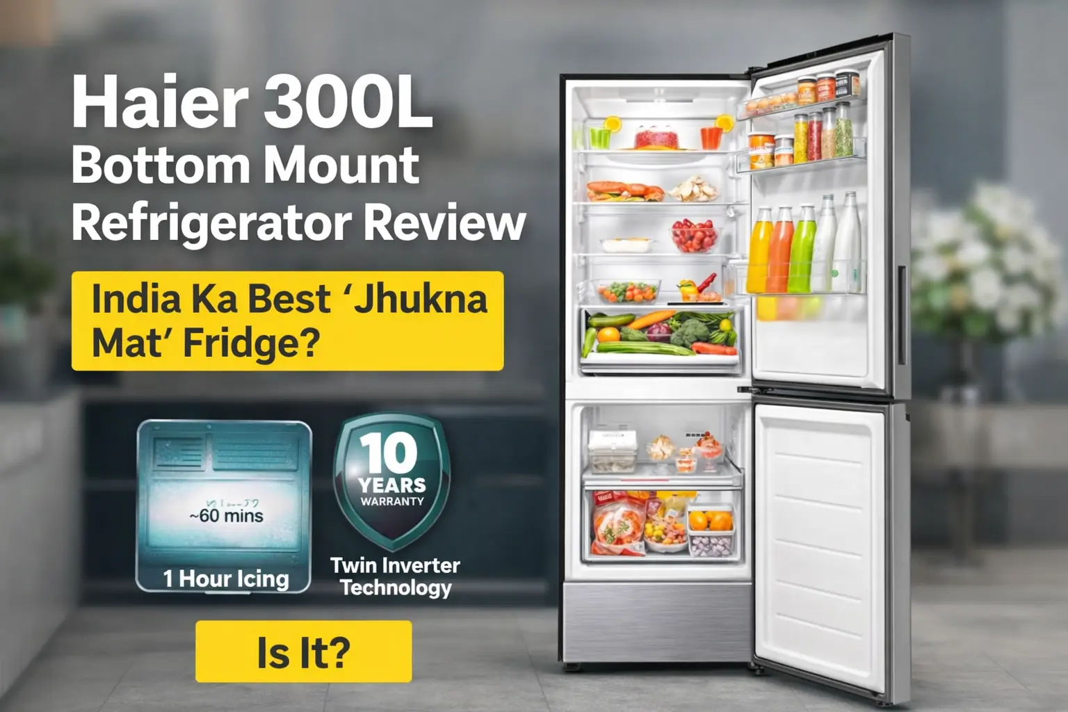 Haier 300L bottom mount refrigerator with open door showing food storage and Jhukna Mat design for easy access