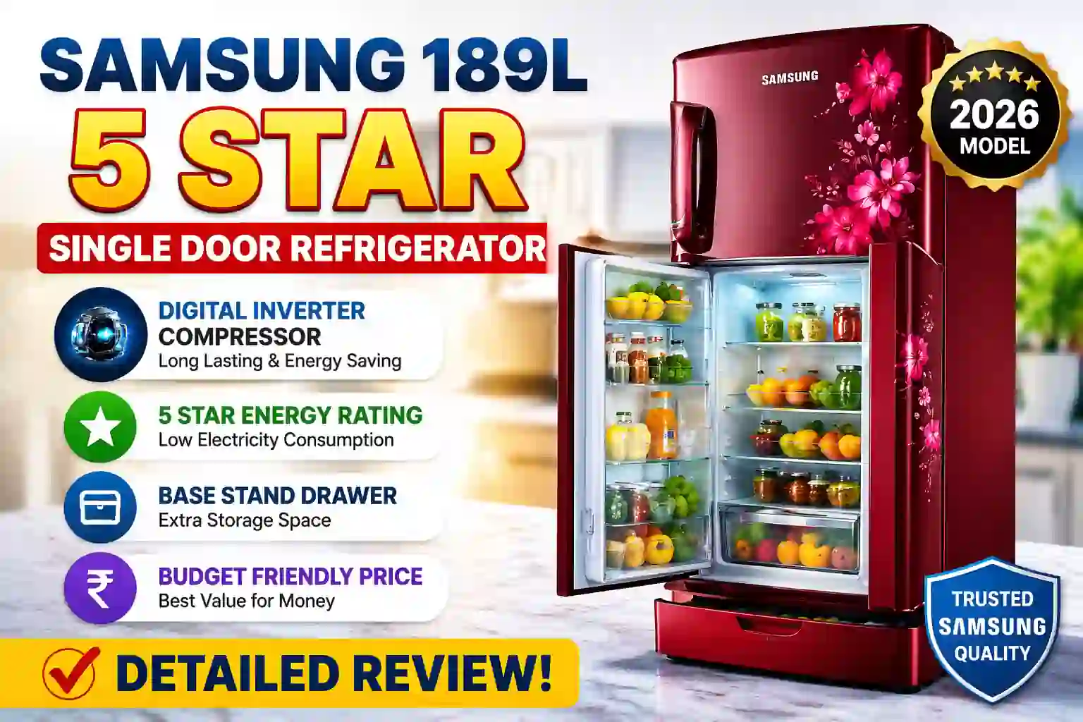 Samsung 189L 5 Star Refrigerator Review 2026 (RR21H2H25RZ/HL) | Pura Sach Janiye Samsung 189L 5 Star Single Door Refrigerator review 2026 with digital inverter compressor and base stand drawer