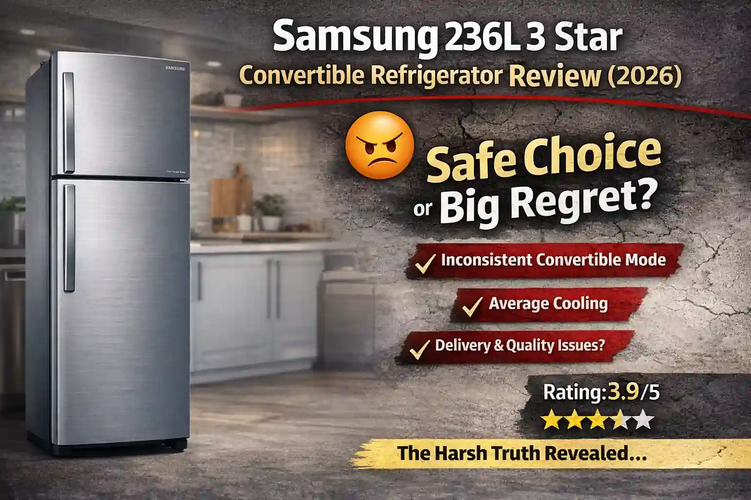 Samsung 236L 3 Star Convertible Refrigerator 2026 model review showing design, features, and real issues like cooling performance and convertible mode