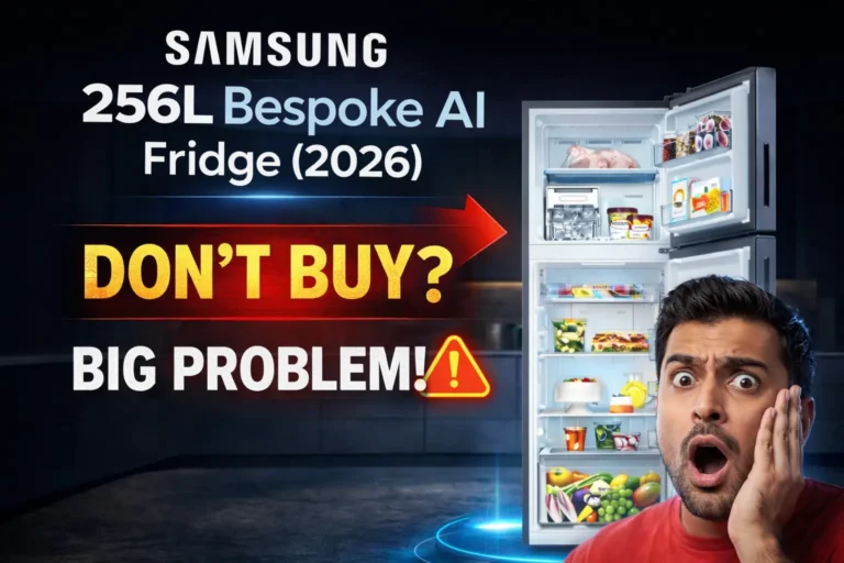 Samsung 256L Bespoke AI fridge review 2026 don’t buy warning with big problem highlighted on refrigerator image